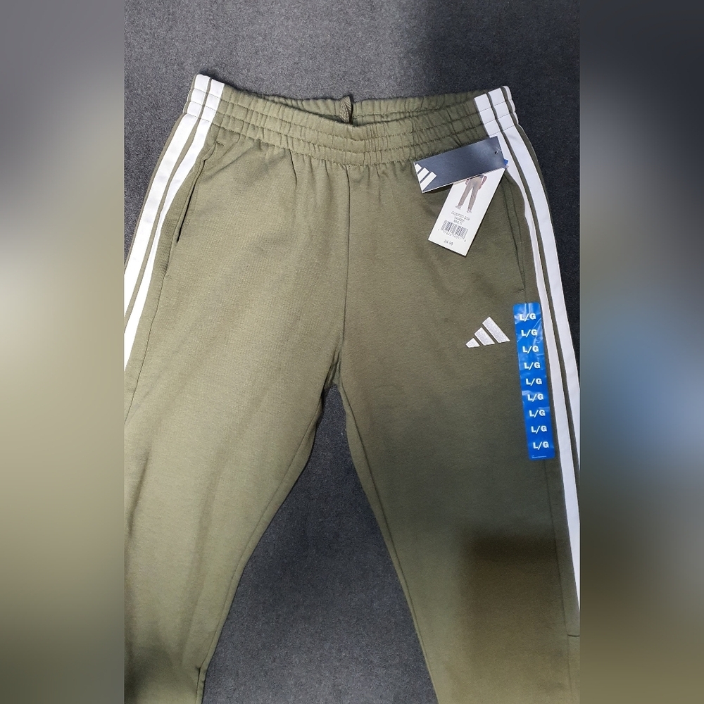 NWT Adidas Men’s 3-Stripe Athletic Pants - Olive Green/White Size L - Picture 2 of 4